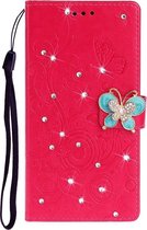 Voor Galaxy A51 Diamond Encrusted Butterflies Love Flowers Pattern Horizontal Flip Leather Case with Holder & Card Slots & Wallet & Lanyard (Red)