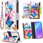 Voor xiaomi redmi k20 / mi 9t gekleurde tekening patroon rits horizontale flip lederen case met houder & kaartsleuven & portemonnee (twee vlinders)
