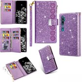 Voor Xiaomi Note 10 Pro Multi-card slots Sterrenhemel Laser Carving Glitter Rits Horizontale Flip lederen tas met houder & portemonnee & lanyard (paars)