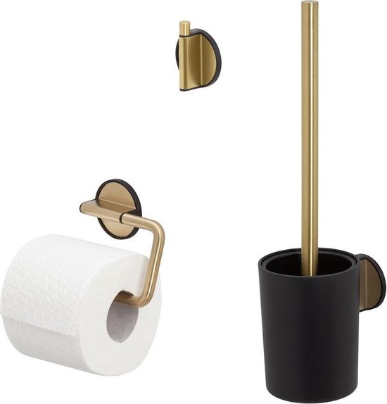 Tiger Tune - Toiletaccessoireset - Toiletborstel met houder - Toiletrolhouder zonder klep - Handdoekhaak – Goud geborsteld / Zwart