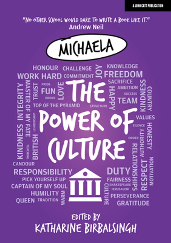 Boekomslag met paarse achtergrond, tekst "The Power of Culture" in grote witte letters, omringd door woorden zoals "HONOUR" en "KINDNESS".