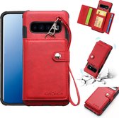 Let op type!! Voor Galaxy S10 plus schokbestendige PC + TPU beschermhoes  met kaartsleuven & portemonnee & foto frame & Lanyard (rood)