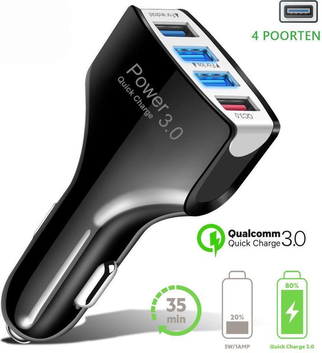 Autolader Quick Charge 3.0 Snellader  Zwart 4 Poorten Usb Telefoon Oplader Voor Samsung Voor Iphone 11 X QC3.0 Mobiele telefoon | Auto Laders  | Lader - Baseus