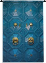 Wandkleed Deur - Blauwe deur met gouden decoratie Wandkleed katoen 90x135 cm - Wandtapijt met foto