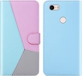 Voor Google Pixel 3a XL Driekleurig stiksel Horizontaal Flip TPU + PU lederen tas met houder & kaartsleuven & portemonnee (blauw)