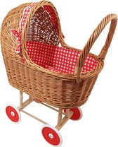 Playwood - Rieten poppenwagen rode ruitjes rieten kap - Plastic wielen