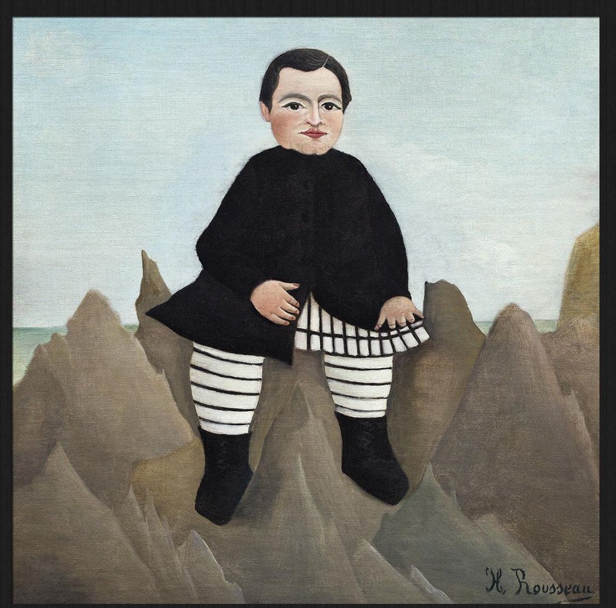 Schilderij - jongen op rotsen - Henri Rousseau - Collectie ART Facsimile - Forex met zwarte lijst - 74x74cm