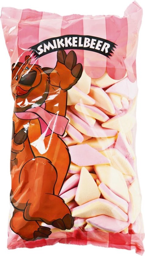 Zak met roze en gele ruitvormige spekken, met een tekening van een bruine beer met roze sjaal.