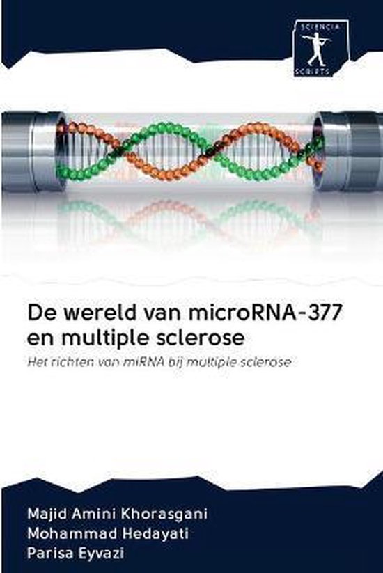 Boekomslag: 'De wereld van microRNA-377 en multiple sclerose', met een DNA-helix.