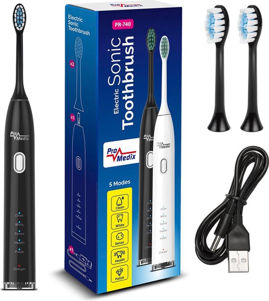 Publiciteit Opstand team ProMedix Sonische, elektrische tandenborstel met reisetui - Timer /Opladen  via USB - Zwart | bol.com
