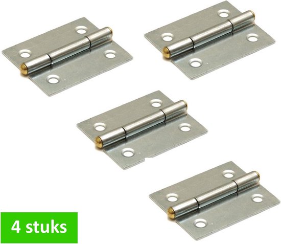Vier zilverkleurige scharnieren met messing pen, 40 x 32 mm.