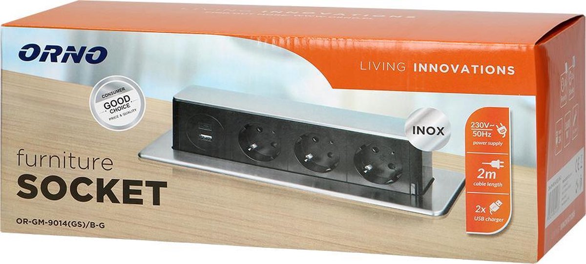 ORNO Stekkerdoos met USB, elegante behuizing met roestvrijstalen paneel ORNO Stekkerdoos met USB, elegante behuizing met roestvrijstalen paneel