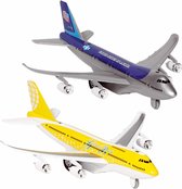 Speelgoed vliegtuigen setje van 2 stuks blauw en geel 19 cm - Vliegveld spelen voor kinderen