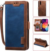 Voor Galaxy A70 retro splicing horizontale flip lederen tas met kaartsleuven en houder en portemonnee (blauw)