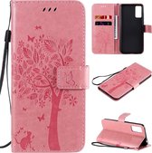 Voor Huawei Honor Play4T Pro Tree & Cat reliÃ«fpatroon Horizontale flip lederen tas met houder & kaartsleuven & portemonnee & draagkoord (roze)