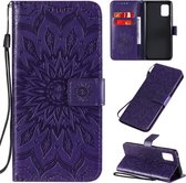 Voor Samsung Galaxy A71 5G reliÃ«f zonnebloem patroon horizontale flip pu lederen tas met houder & kaartsleuven & portemonnee & lanyard (paars)