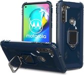 Voor Motorola Moto G8 Power koolstofvezel beschermhoes met 360 graden roterende ringhouder (blauw)