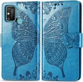 Voor Huawei Honor 9A Butterfly Love Flower Reliëf Horizontale Flip Leren Case met Beugel / Kaartsleuf / Portemonnee / Lanyard (Blauw)