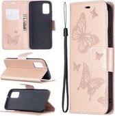 Voor Samsung Galaxy A02s (EU-versie) Embossing Two Butterflies Pattern Horizontale Flip PU lederen hoes met houder & kaartsleuf & portemonnee & lanyard (Rose Gold)