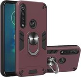 Voor Motorola Moto G8 Plus 2 in 1 Armor Series PC + TPU beschermhoes met ringhouder (wijnrood)