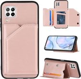 Voor Huawei P40 Lite & Nova 6 SE Skin Feel PU + TPU + PC Achterkant Schokbestendig Hoesje met Kaartsleuven & Houder & Fotolijst (Rose Goud)