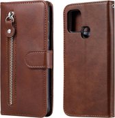 Voor Samsung Galaxy A21s Mode Kalf Textuur Rits Horizontale Flip Leren Case met Houder & Kaartsleuven & Portemonnee (Bruin)