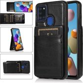 Voor Samsung Galaxy A21s effen kleur pc + TPU beschermhoes met houder en kaartsleuven (zwart)