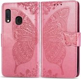 Voor Galaxy A20e Butterfly Love Flowers Embossing Horizontale Flip Leather Case met houder & kaartsleuven & portemonnee & Lanyard (roze)