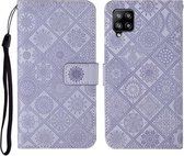 Voor Samsung Galaxy A42 5G etnische stijl reliëf patroon horizontale flip lederen tas met houder & kaartsleuven & portemonnee & lanyard (paars)