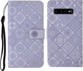 Voor Samsung Galaxy S10 + etnische stijl reliëf patroon horizontale flip lederen tas met houder & kaartsleuven & portemonnee & lanyard (paars)