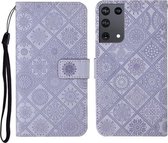 Voor Samsung Galaxy S21 Ultra 5G Etnische Stijl Reliëfpatroon Horizontale Flip Leren Case met Houder & Kaartsleuven & Portemonnee & Lanyard (Paars)