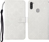Voor Samsung Galaxy M11 etnische stijl reliëf patroon horizontale flip lederen tas met houder & kaartsleuven & portemonnee & lanyard (wit)