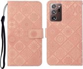 Voor Samsung Galaxy Note20 Ultra etnische stijl reliëf patroon horizontale flip lederen tas met houder & kaartsleuven & portemonnee & lanyard (roze)