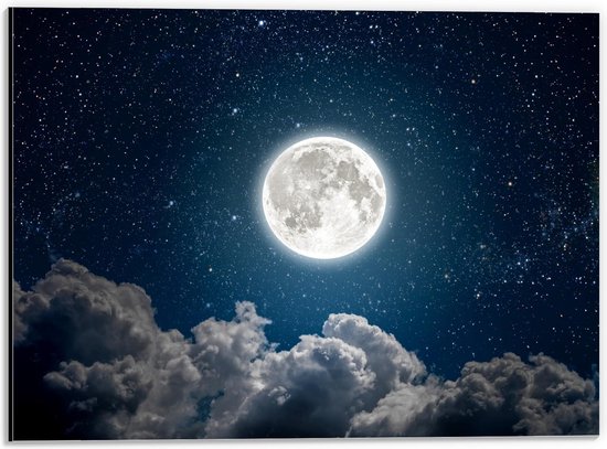 Dibond - Felle Maan boven Wolken - 40x30cm Foto op Aluminium (Wanddecoratie van metaal)