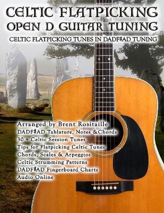 Boekhoes met een akoestische gitaar met de titel 'Celtic Flatpicking Open D Guitar Tuning'.