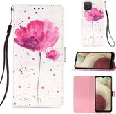 Voor Samsung Galaxy A12 3D Schilderen Horizontale Flip Leren Case met Houder & Kaartsleuf & Portemonnee & Lanyard (Roze Bloem)