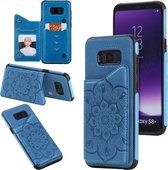Voor Samsung Galaxy S8 Plus bloem reliëf patroon schokbestendig beschermhoes met houder & kaartsleuven & fotolijst (blauw)