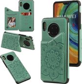 Voor Huawei Mate 30 bloem reliëfpatroon schokbestendig beschermhoes met houder & kaartsleuven & fotolijst (groen)