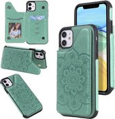 Bloem reliëfpatroon schokbestendige beschermhoes met houder & kaartsleuven en fotolijst voor iPhone 11 (groen)