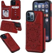 Bloem reliëfpatroon schokbestendig beschermhoes met houder & kaartsleuven en fotolijst voor iPhone 12/12 Pro (rood)
