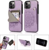 Mandala reliëfpatroon PU + TPU beschermhoes met kaartsleuven en houder voor iPhone 12/12 Pro (paars)