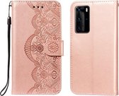 Voor Huawei P40 Pro Flower Vine Embossing Pattern Horizontale Flip Leather Case met Card Slot & Holder & Wallet & Lanyard (Rose Gold)