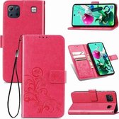 Voor LG K92 5G vierbladige sluiting reliëf gesp mobiele telefoon bescherming lederen tas met lanyard & kaartsleuf & portemonnee & beugel functie (magenta)