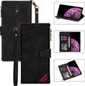 Voor Samsung Galaxy J7 (2018) Rits Multi-kaartsleuven Horizontale flip PU lederen tas met houder & kaartsleuven & portemonnee & lanyard & fotolijst (zwart)