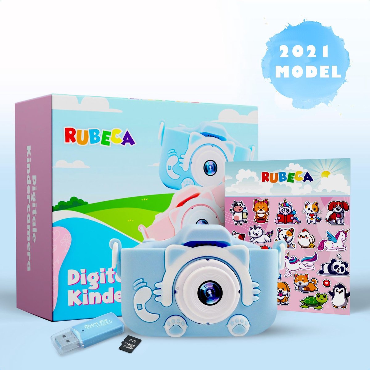 Digitale Kindercamera met 32GB Micro SD Kaart en SD Kaartlezer + Stickervel - Schokbestendig Fototoestel voor Kinderen - Vlog Camera - Nederlandstalig - USB Oplaadbaar - Blauw - Rubeca