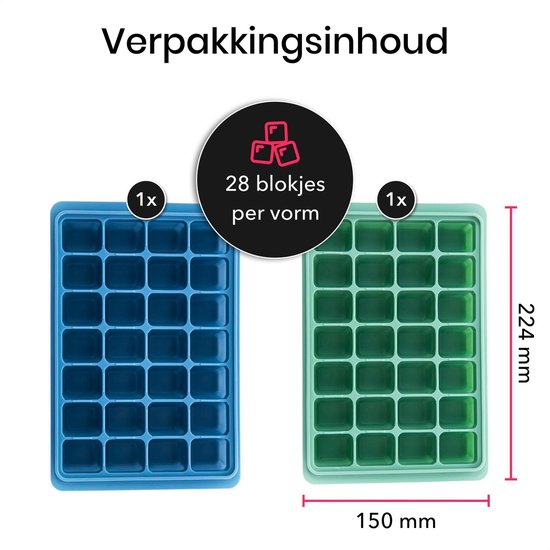 KitchenLove Siliconen IJsblokjesvorm met Deksel (2 Stuks) - 56 ijsblokjes - Vierkant - BPA Vrij - 100% Silicone - Groen & Blauw - KitchenLove