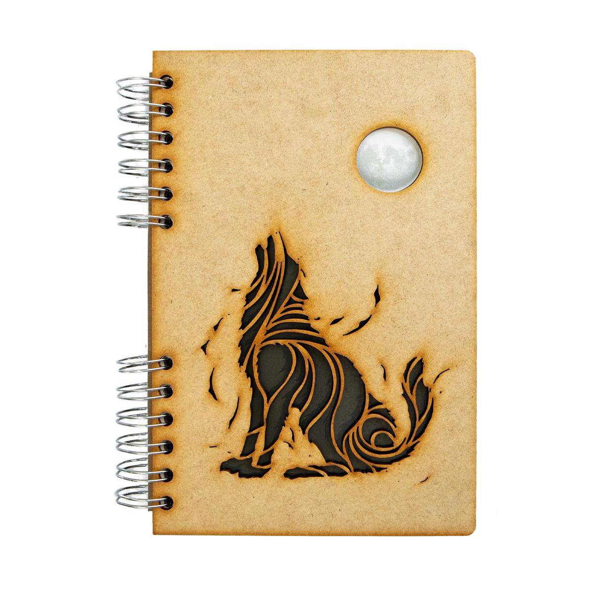 KOMONI - Duurzaam houten Schetsboek - Gerecycled papier - Navulbaar - A4 - Blanco - Zwarte Wolf