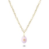 Twice As Nice Halsketting in goudkleurig edelstaal, ovale roze quartz  38 cm+5 cm