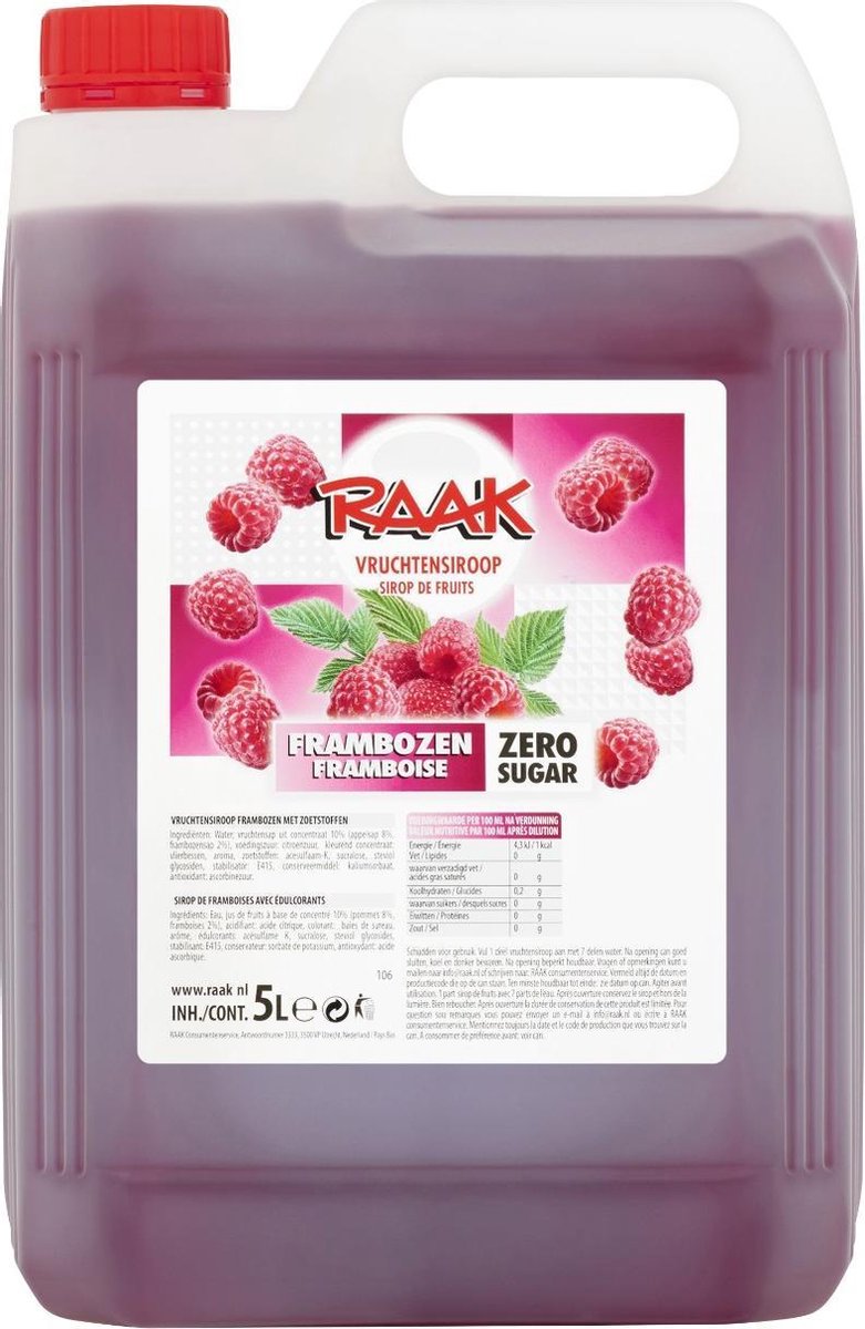 Limonade ZERO Siroop Framboos Grote XXL Jerrycan 5 Liter van RAAK