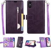 Voor iPhone X / XS Multifunctionele Rits Horizontale Flip Leren Case met Houder & Portemonnee & 9 Kaartsleuven & Lanyard (Paars)